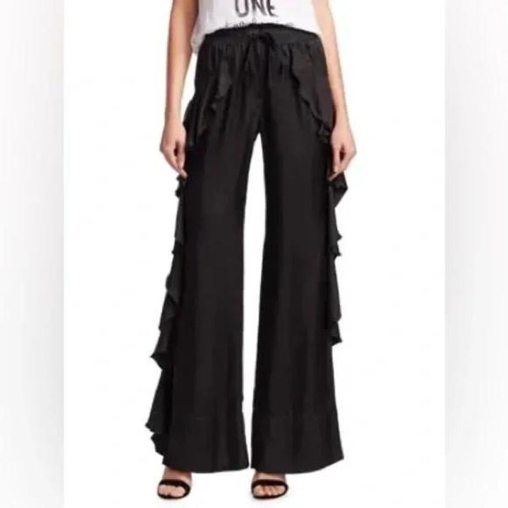 CINQ‎ À SEPT Women's 57a Larkin Ruffle Satin Wide Leg Pants Small Black